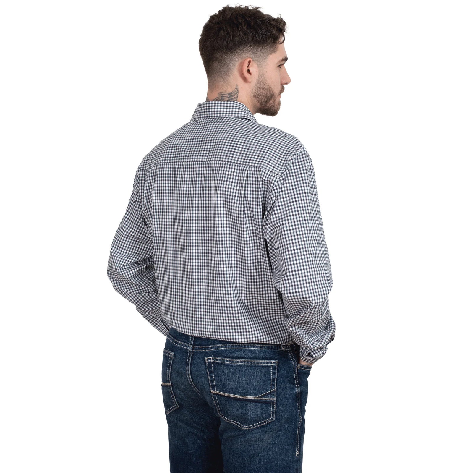 Just Country Men's Austin L/S Print Workshirt. A man wearing a long-sleeved checkered workshirt with double pockets and a full button front.