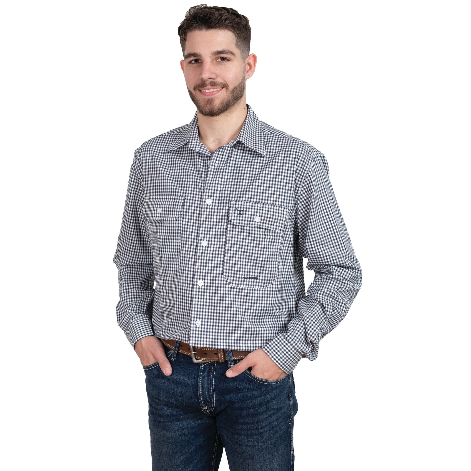 Just Country Men's Austin L/S Print Workshirt. A man wearing a long-sleeved checkered workshirt with double pockets and a full button front.