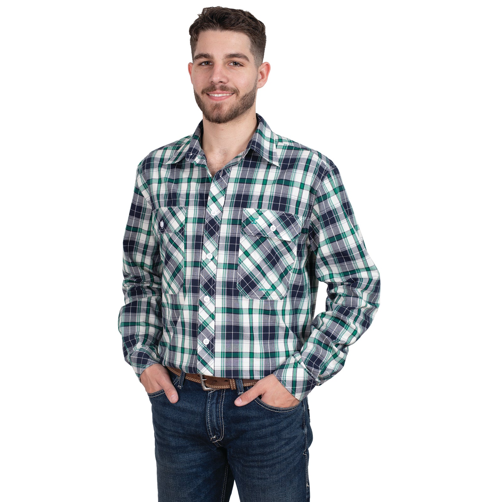 Just Country Men's Austin L/S Print Workshirt. A man wearing a long-sleeved, checkered, green and blue workshirt with double pockets and a full button front.