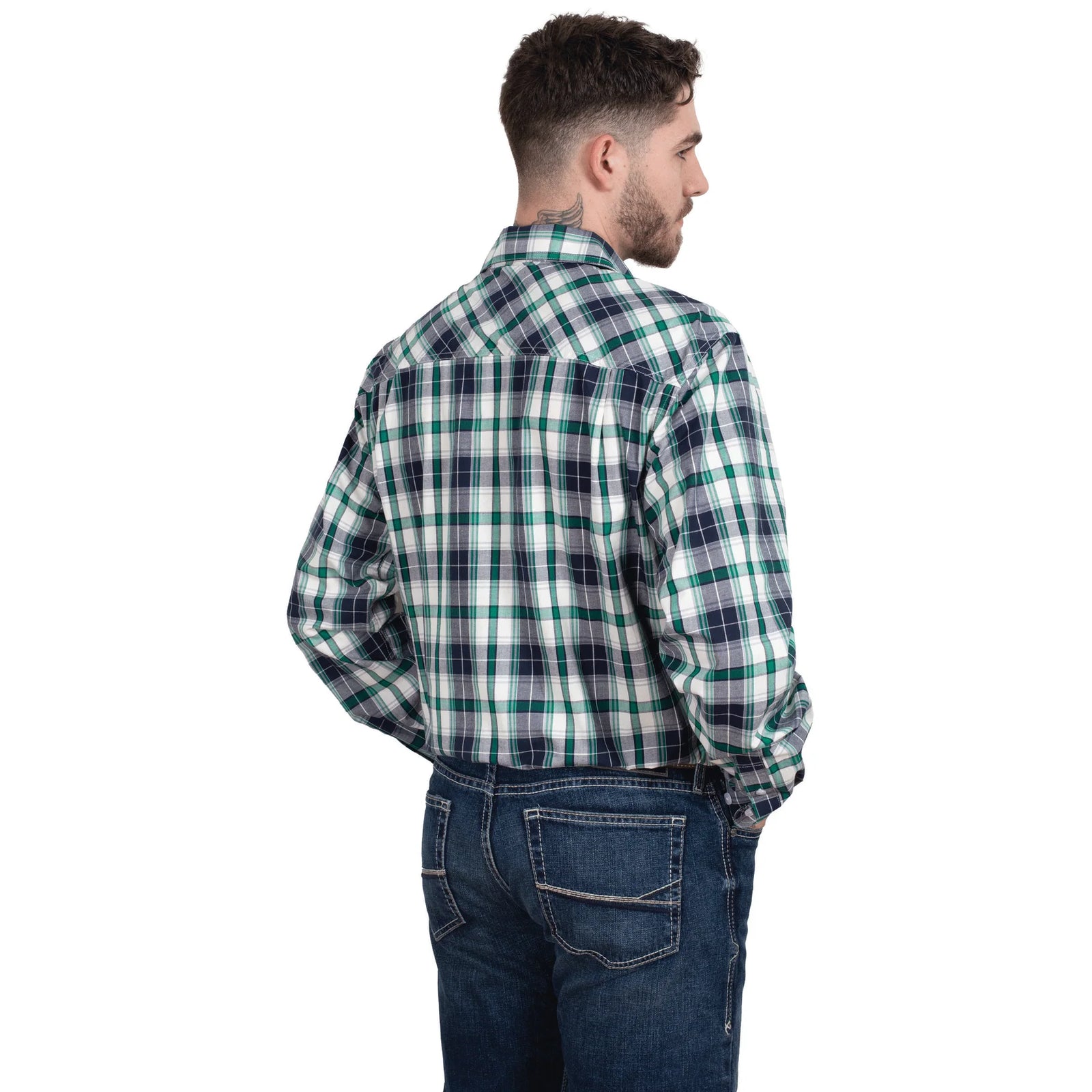 Just Country Men's Austin L/S Print Workshirt. A man wearing a long-sleeved, checkered, green and blue workshirt with double pockets and a full button front.
