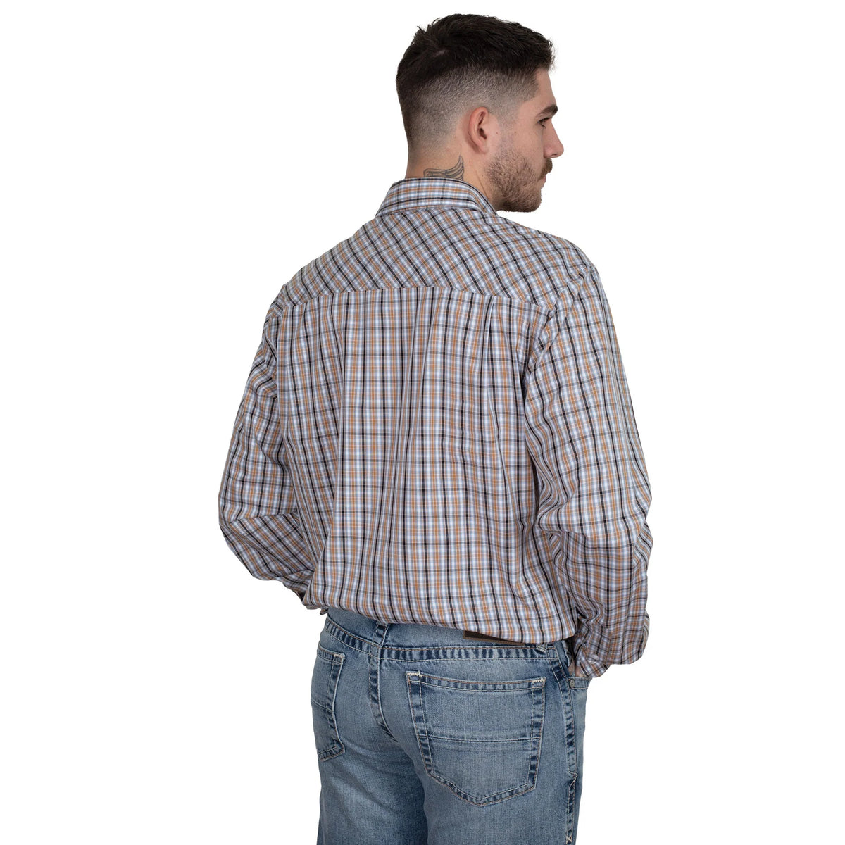 Just Country Men's Austin Printed  L/S Workshirt. Man wearing a plaid shirt and jeans on a white background