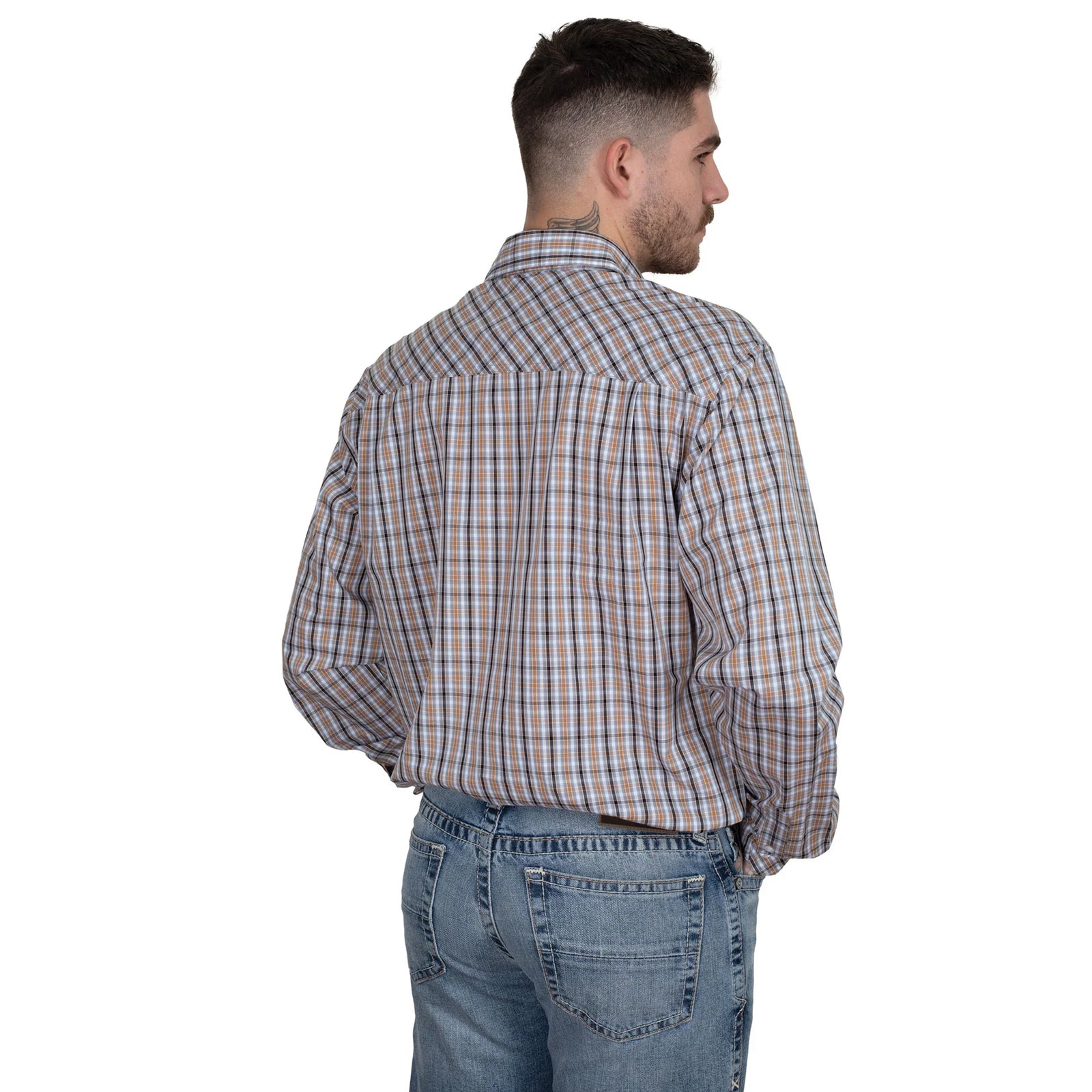 Just Country Men's Austin Printed  L/S Workshirt. Man wearing a plaid shirt and jeans on a white background