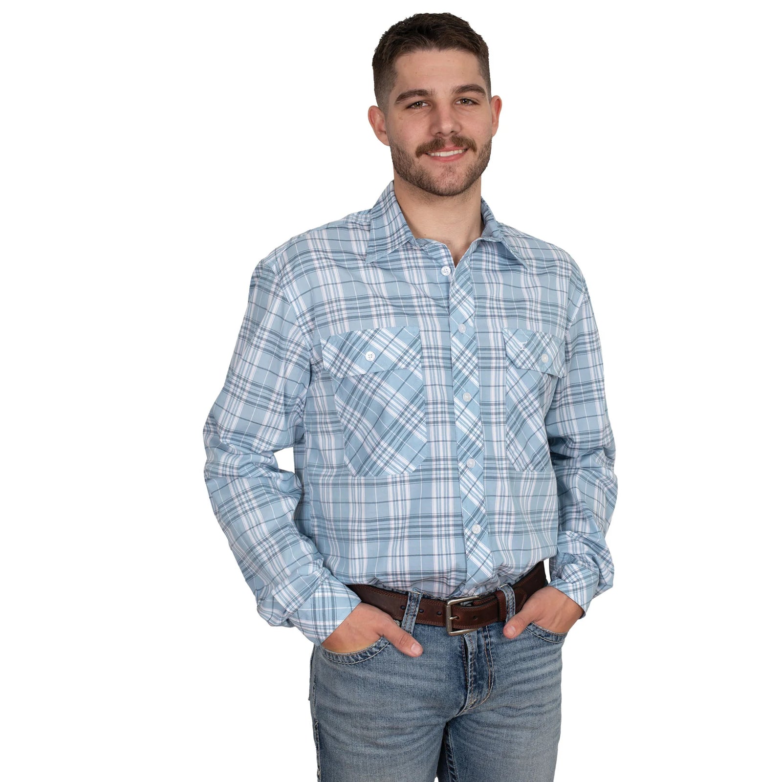 Just Country Men's Austin Printed  L/S Workshirt. Man wearing a blue plaid shirt and jeans on a white background