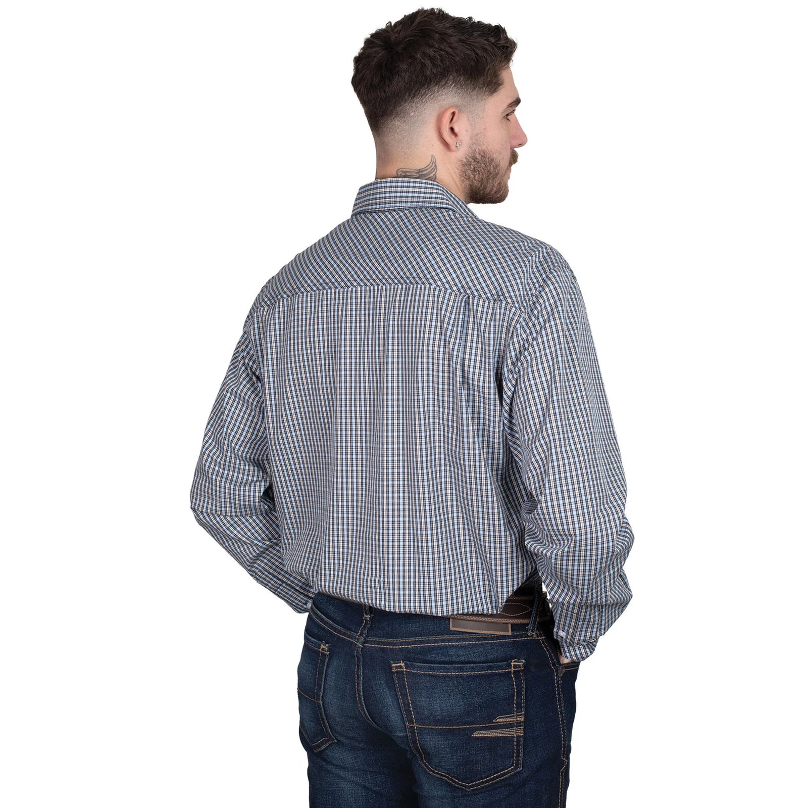 Just Country Men's Austin L/S Shirt. Man wearing a blue checkered shirt on a white background