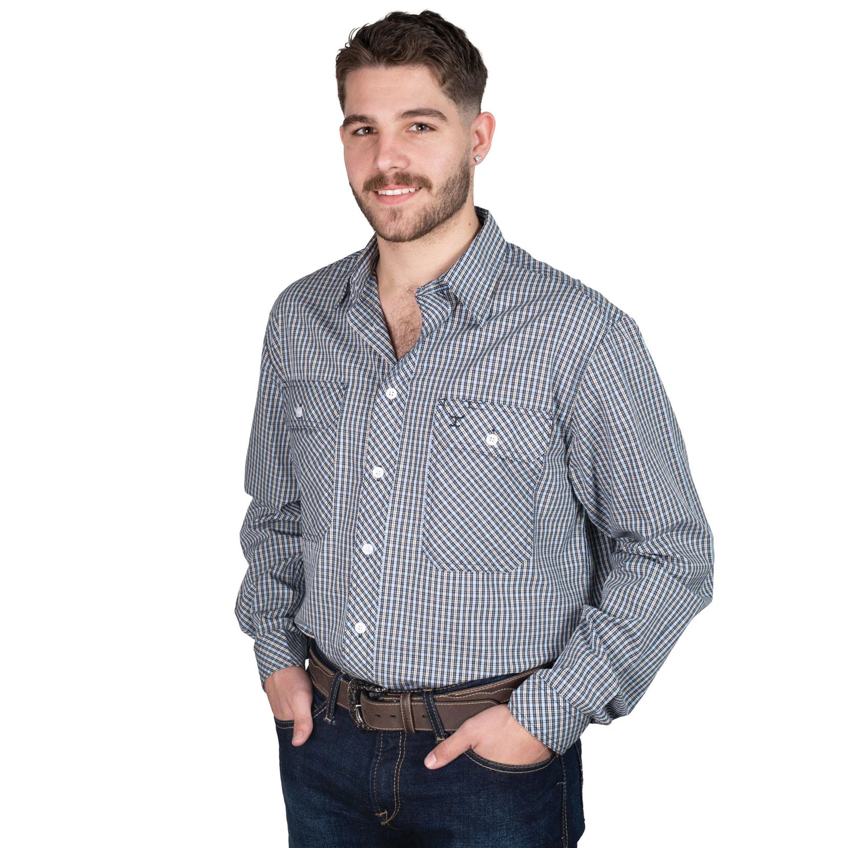 Just Country Men's Austin L/S Shirt. Man wearing a blue checkered shirt on a white background