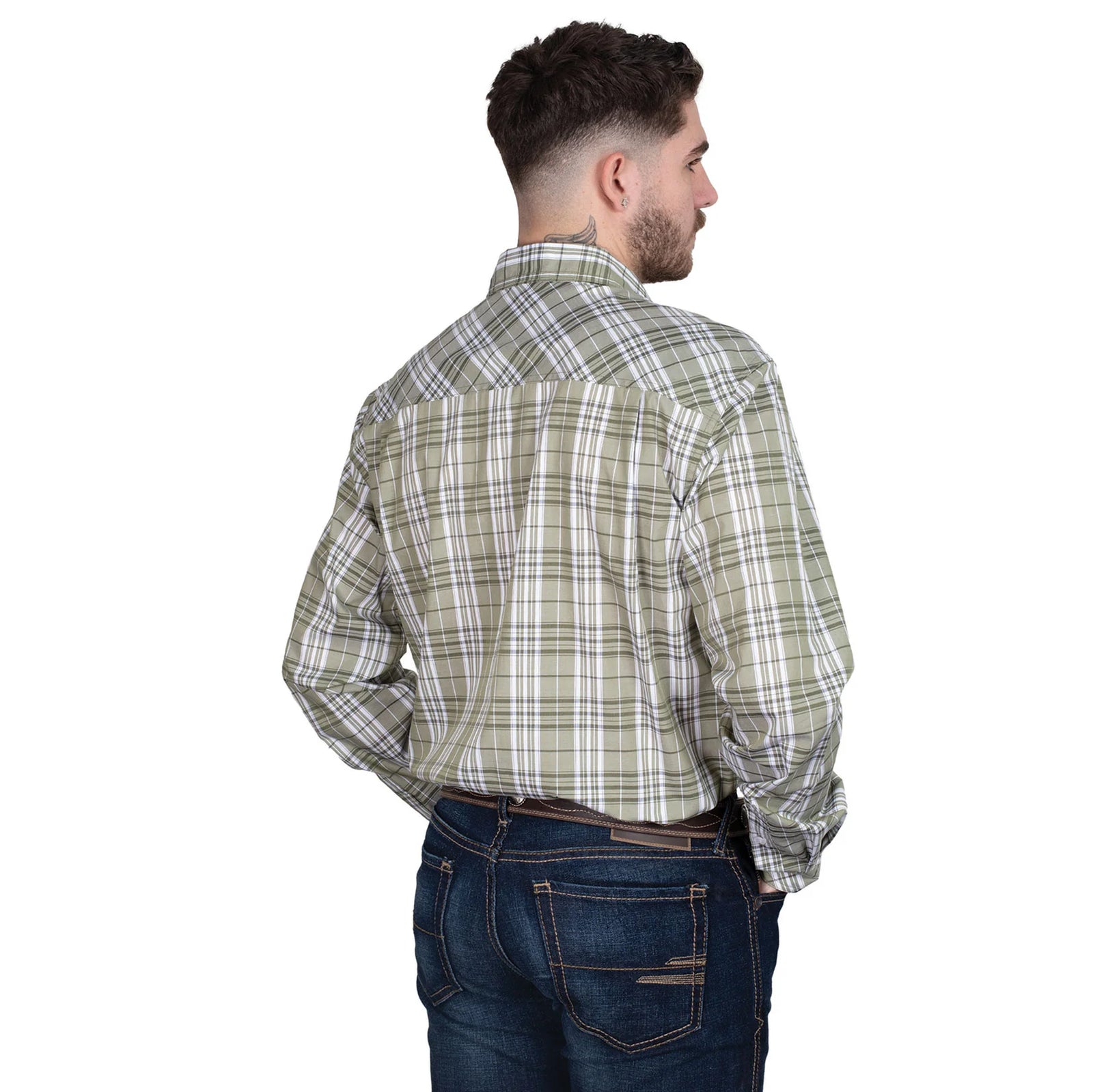 Just Country Men's Austin Full Button Plaid Workshirt. Man wearing a green plaid shirt and blue jeans on a white background