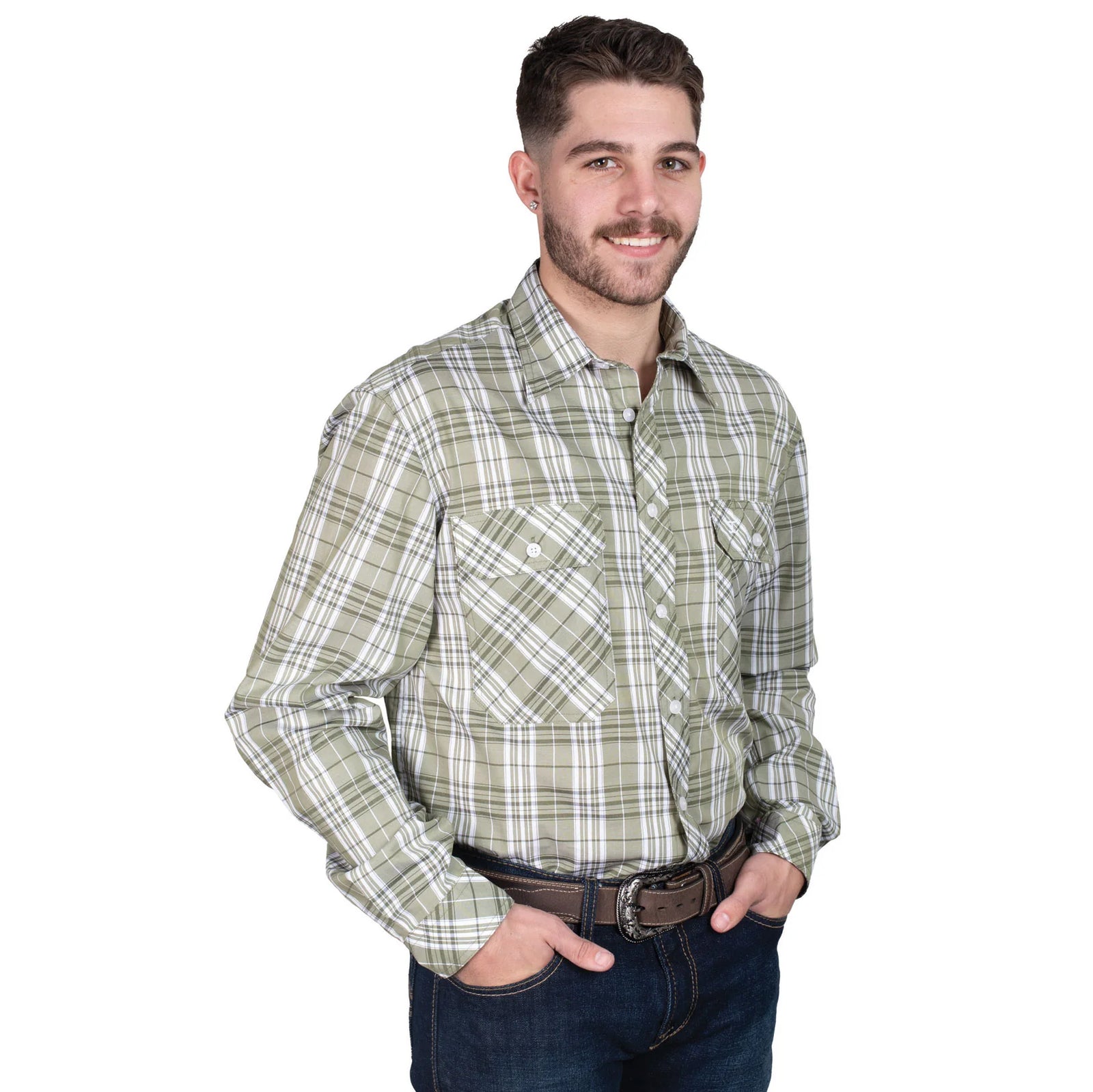 Just Country Men's Austin Full Button Plaid Workshirt. Man wearing a green plaid shirt and jeans on a white background