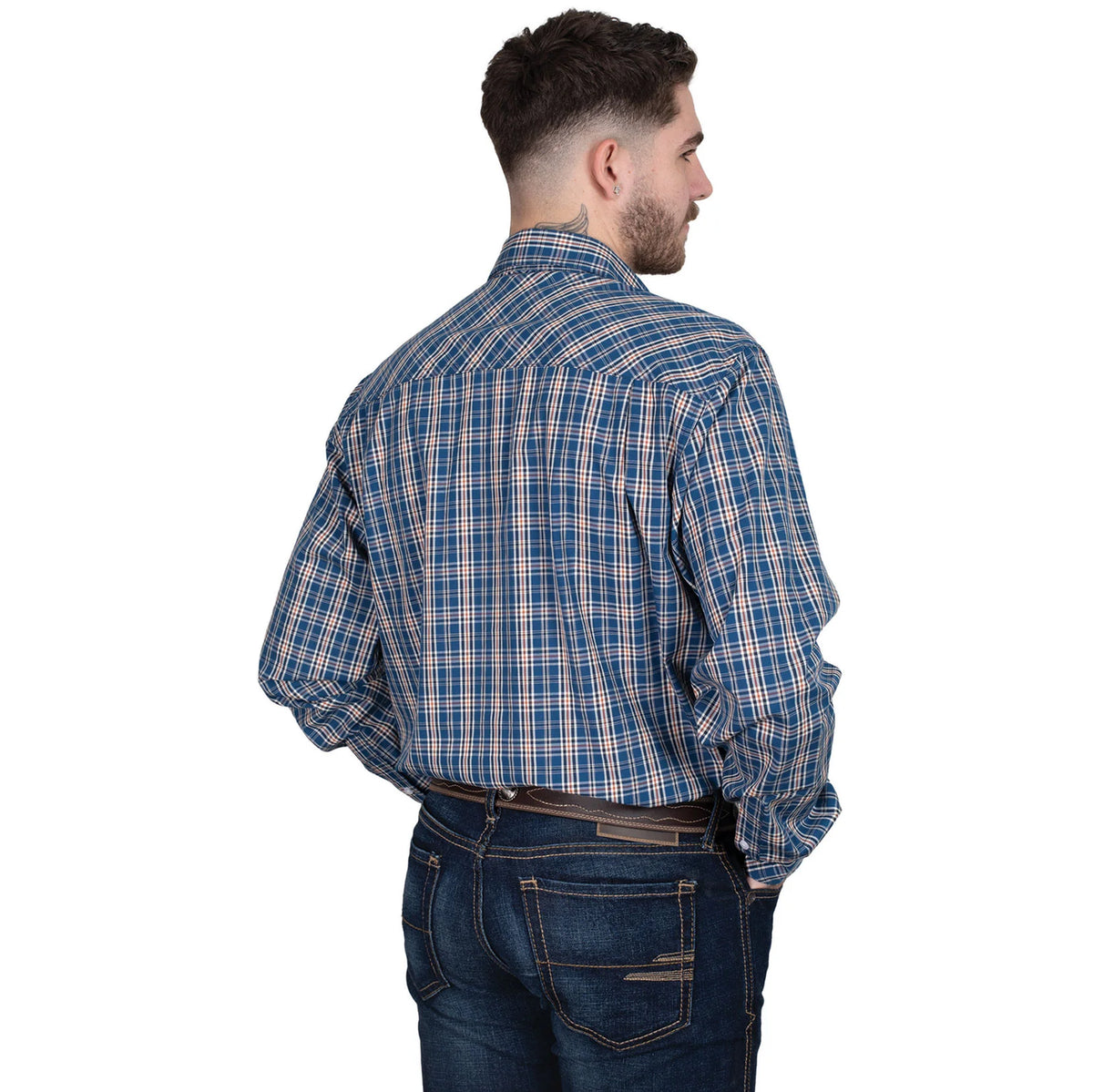 Just Country Men's Austin Full Button Plaid Workshirt. Man wearing a blue plaid shirt and jeans on a white background