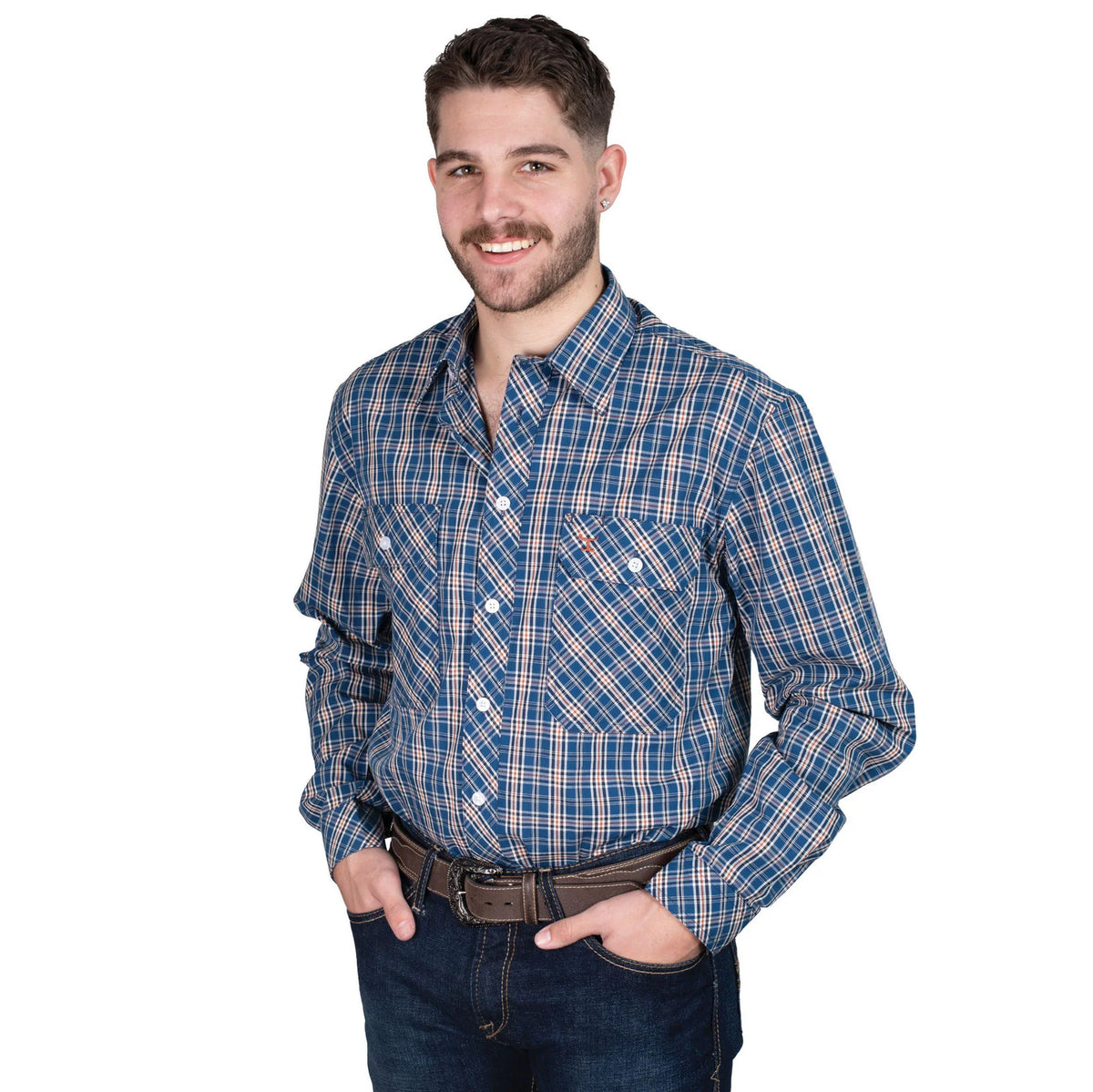 Just Country Men&#39;s Austin Full Button Plaid Workshirt. Man wearing a blue plaid shirt on a white background