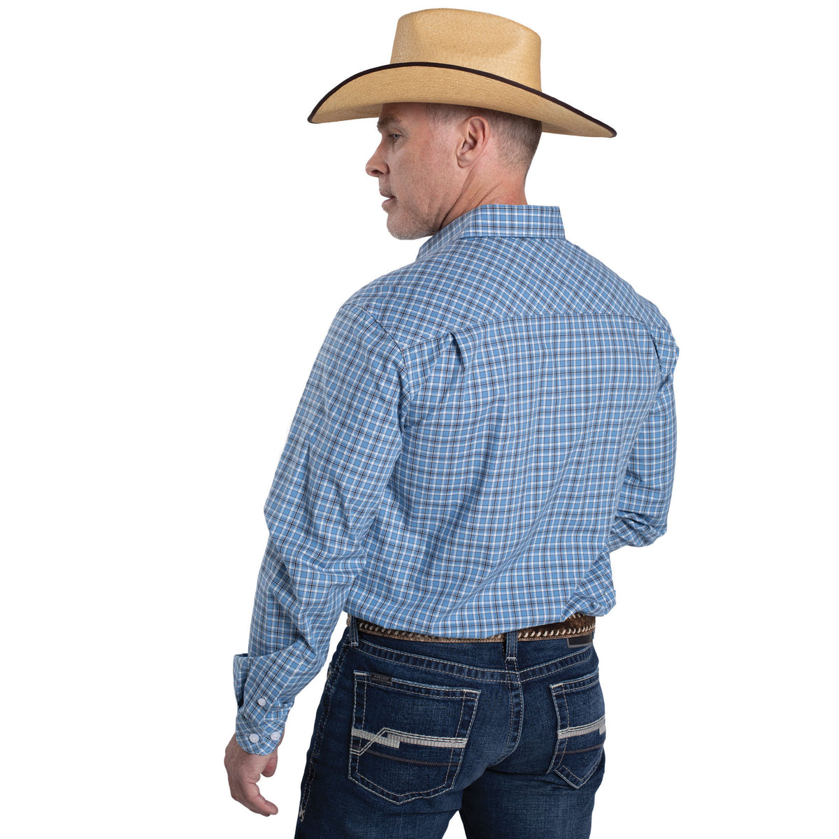 Man wearing a blue plaid shirt and cowboy hat on a white background