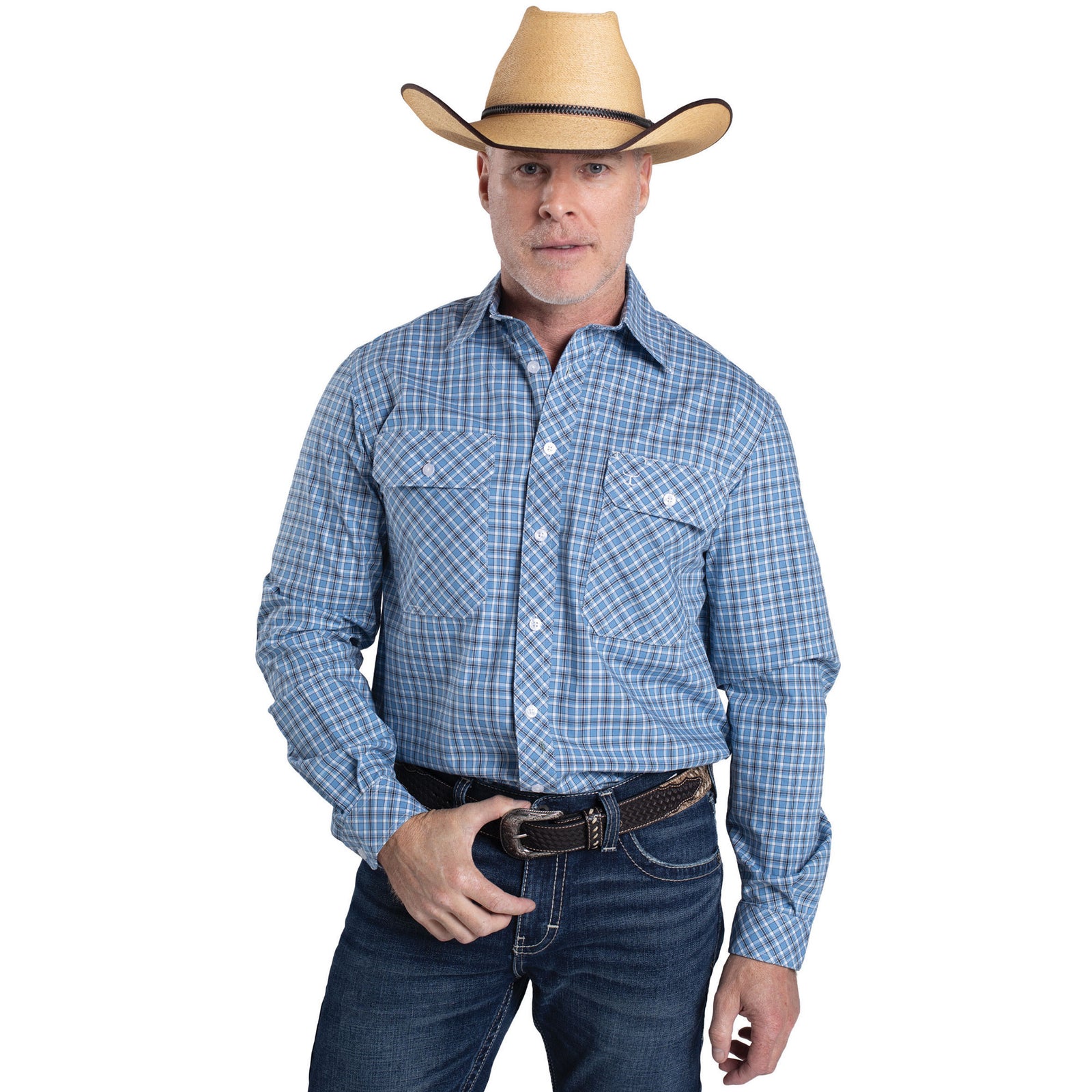 Man wearing a blue plaid shirt, jeans, and a cowboy hat on a white background