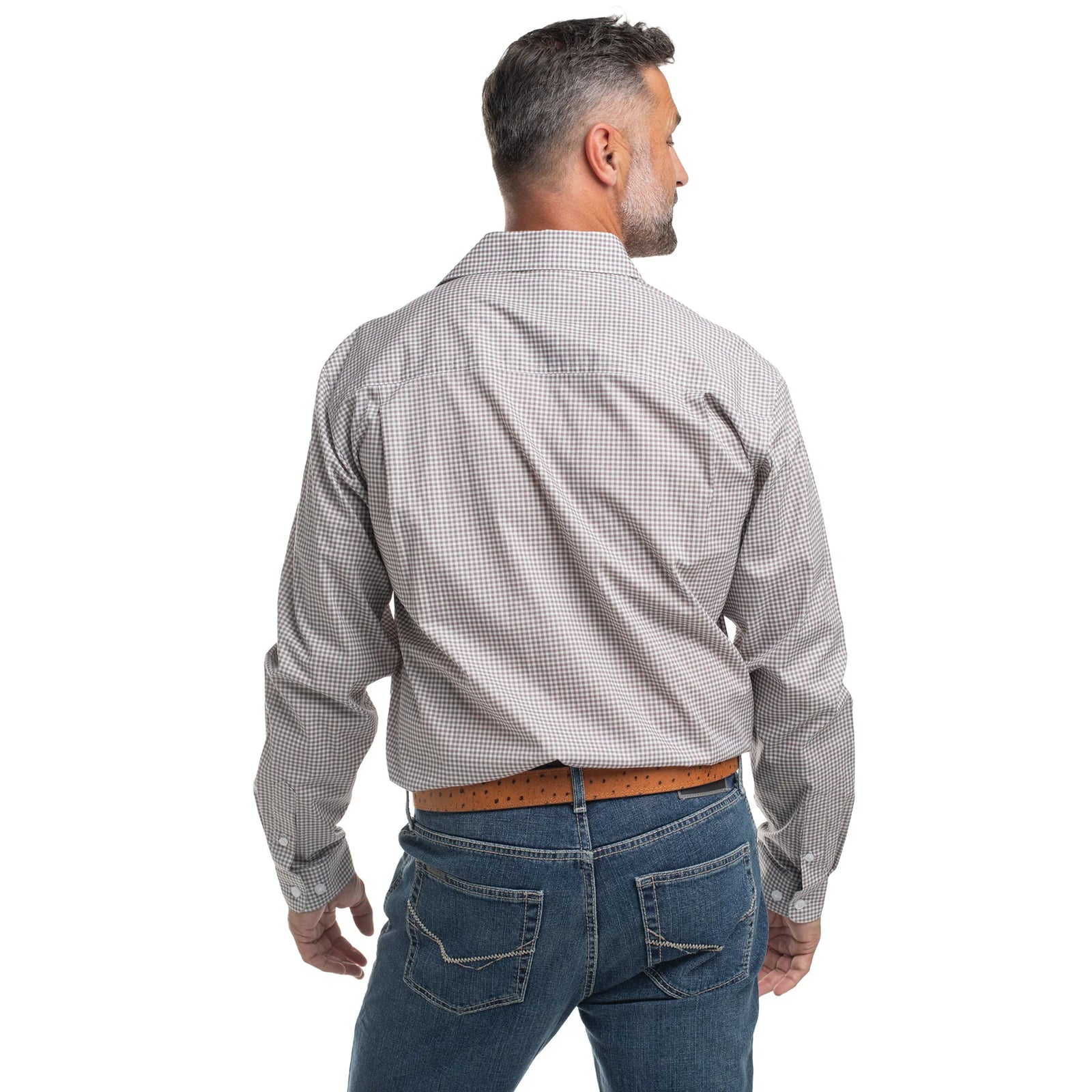 Man wearing a checkered shirt and jeans on a white background