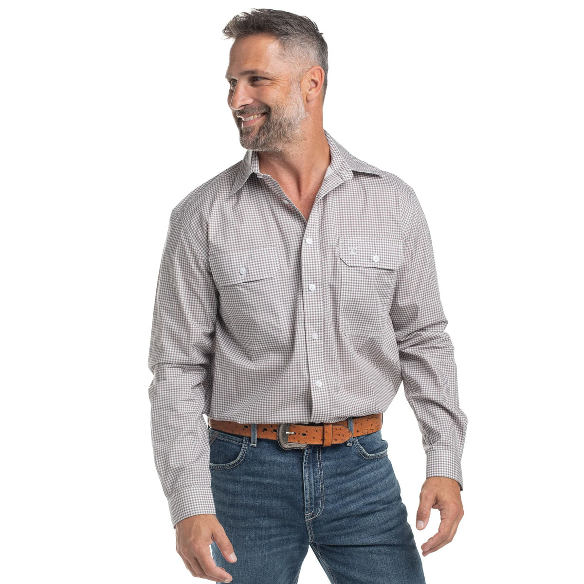Man wearing a checkered shirt and jeans on a white background