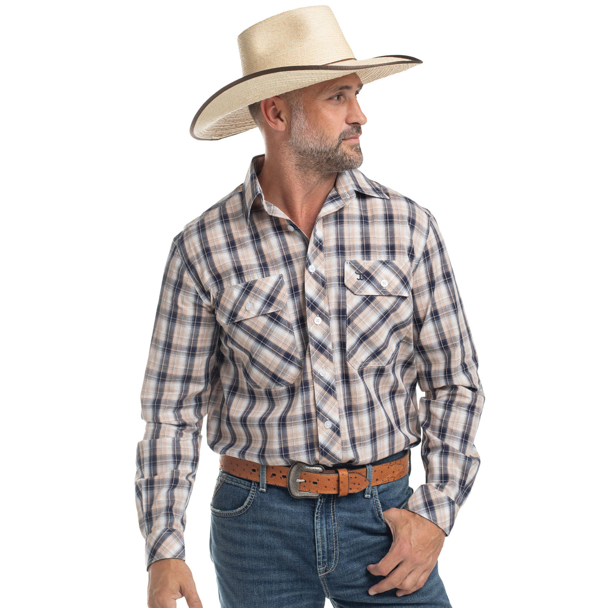 Man wearing a plaid shirt, jeans, and a cowboy hat on a white background
