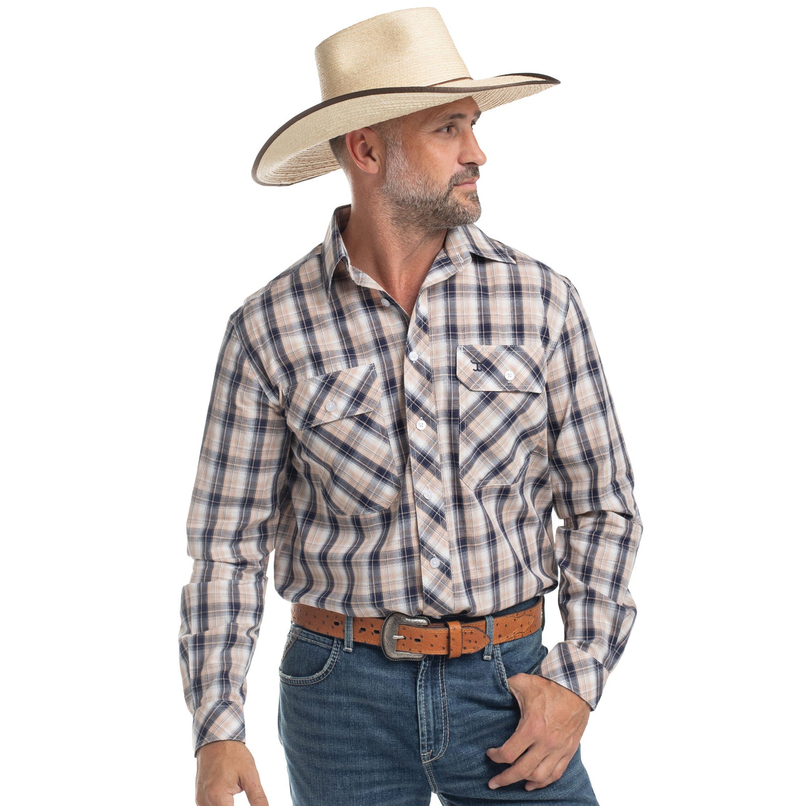 Man wearing a plaid shirt, jeans, and a cowboy hat on a white background