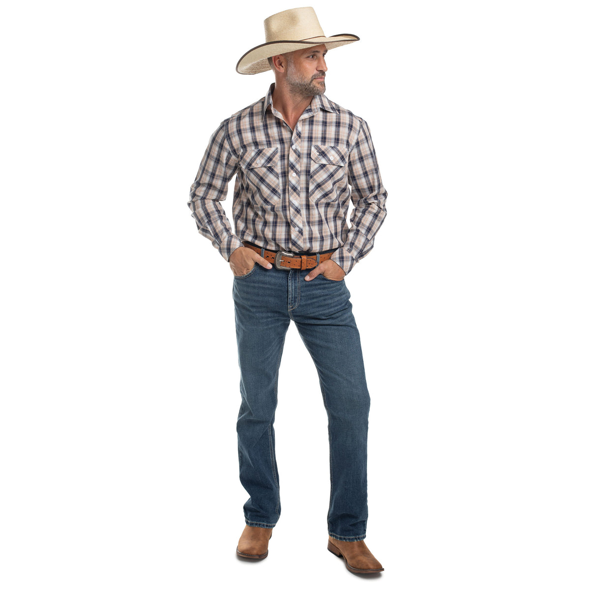 Man wearing a plaid shirt, jeans, and cowboy hat on a white background