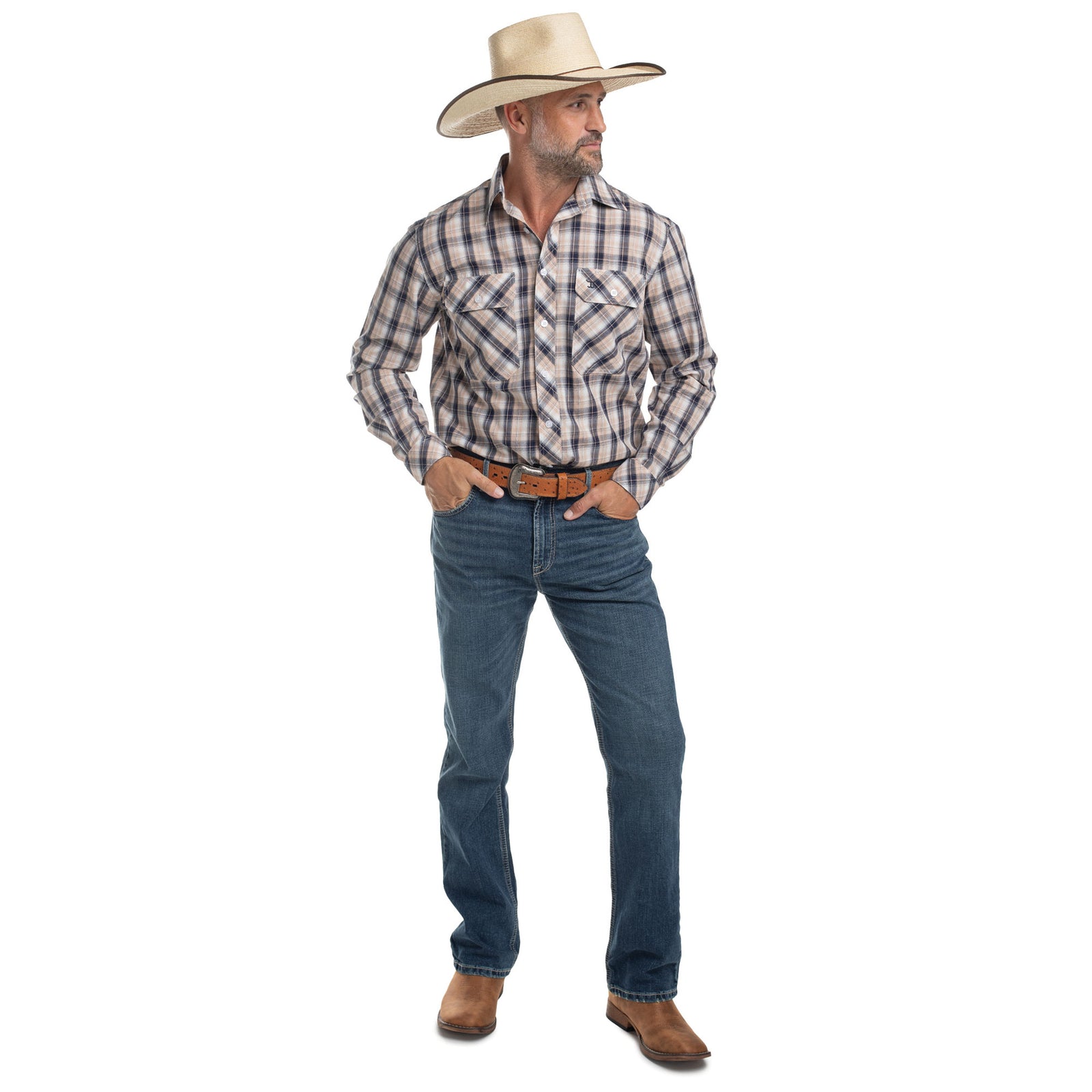 Man wearing a plaid shirt, jeans, and cowboy hat on a white background