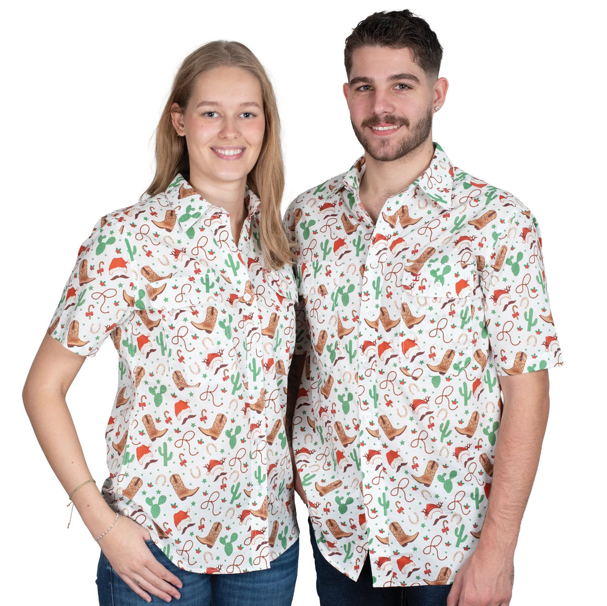 Just Country Men&#39;s Jordon Full Button Print Short Sleeve Christmas Shirt. Two people wearing patterned shirts with a white background