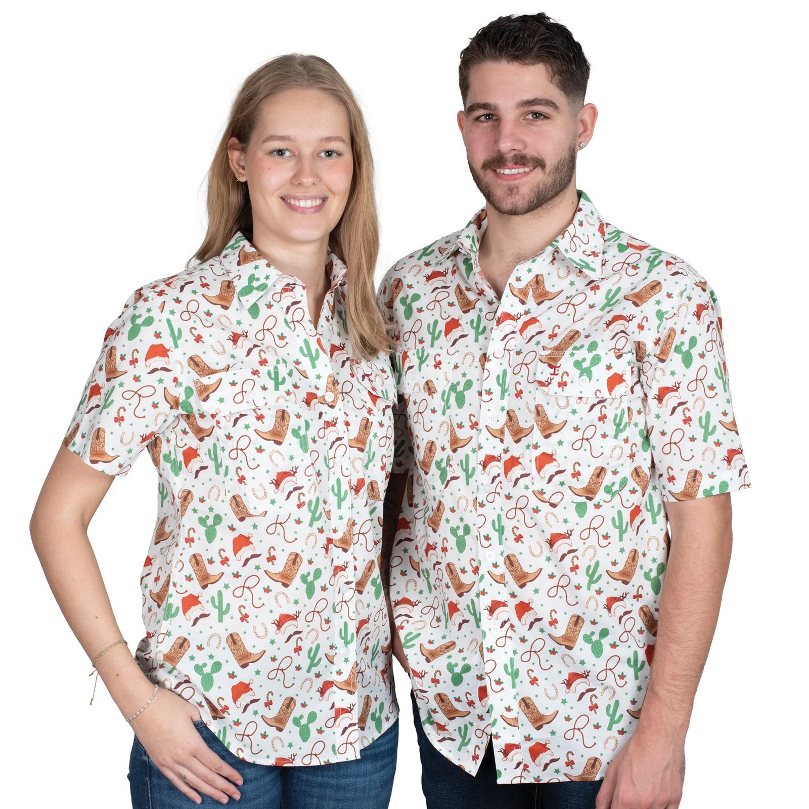Just Country Men's Jordon Full Button Print Short Sleeve Christmas Shirt. Two people wearing patterned shirts with a white background