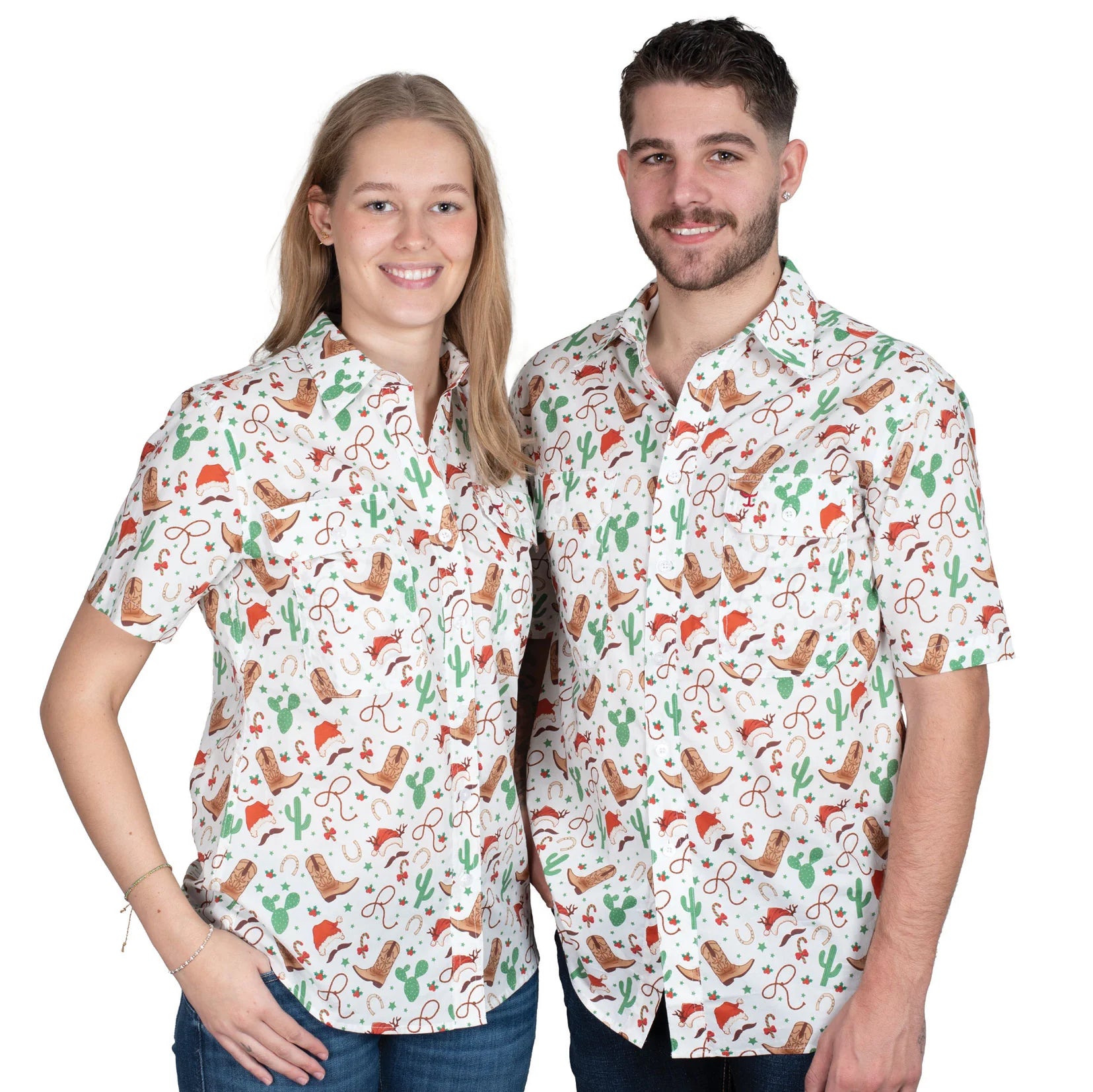 Just Country Men's Jordon Full Button Print Short Sleeve Christmas Shirt. Two people wearing patterned shirts with a white background