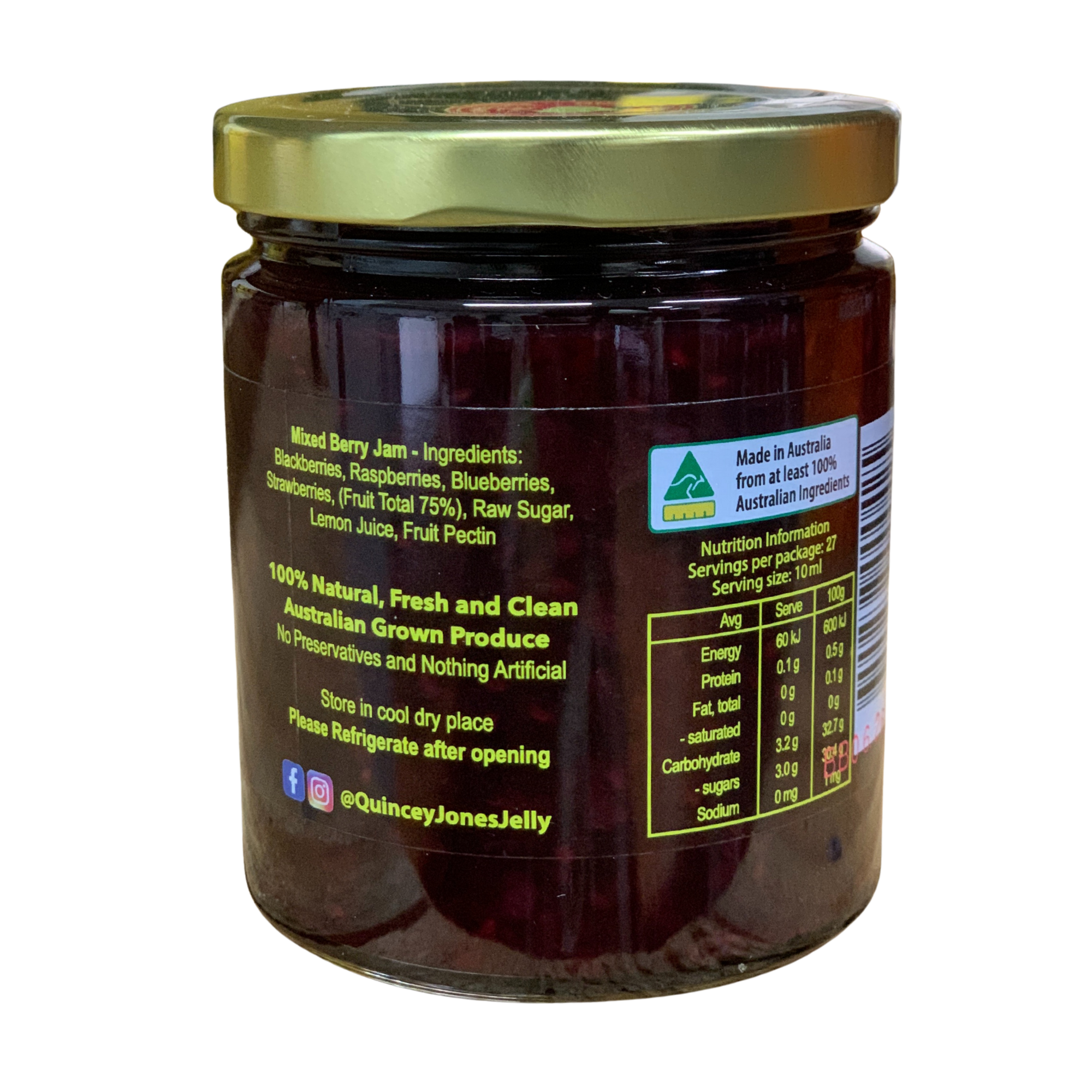 Quincey Jones 270ml Mixed Berry Jam. Jar of jam with a gold lid on a white background
