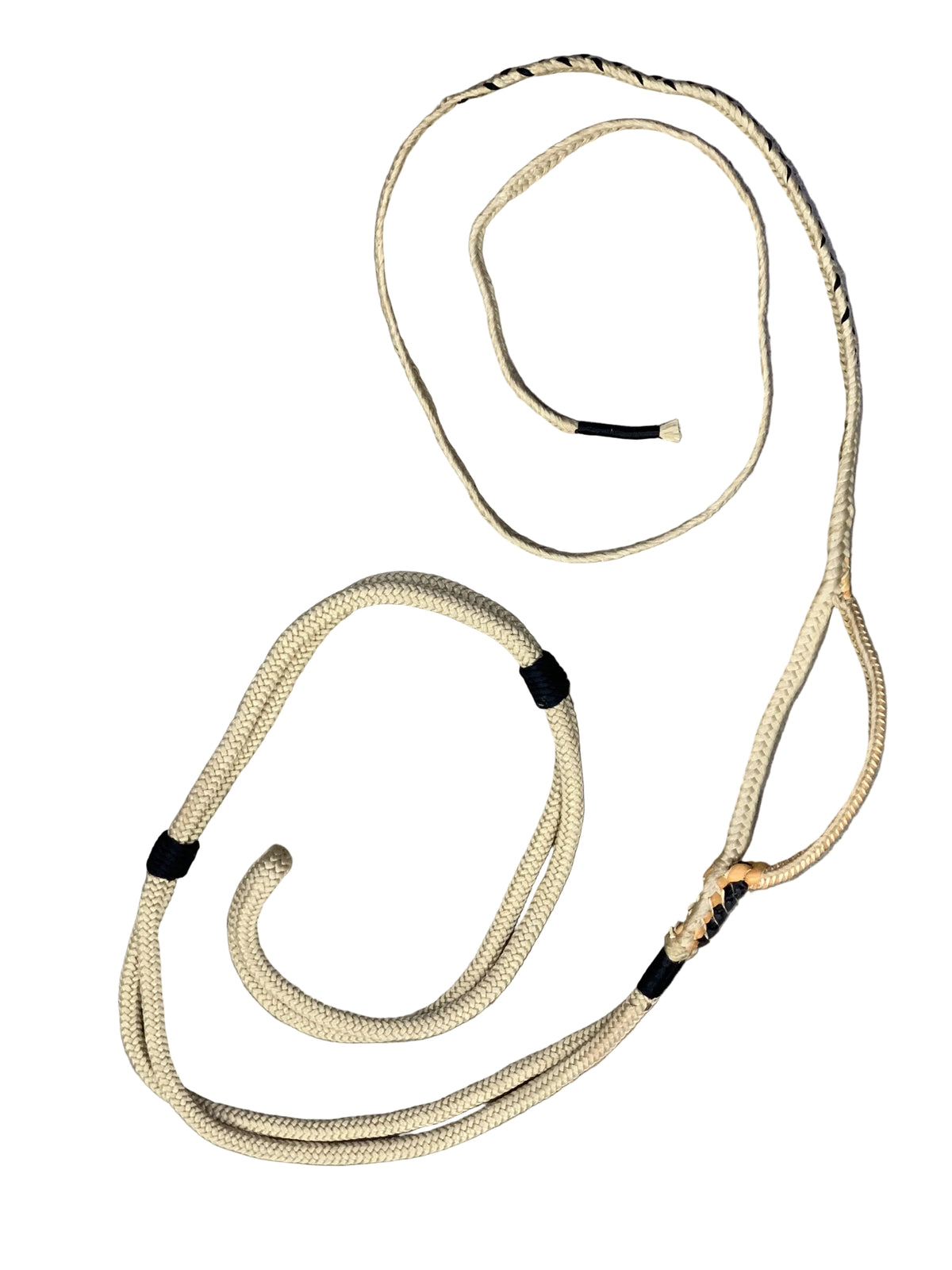 Beige rope leash with black ends on a gray concrete surface