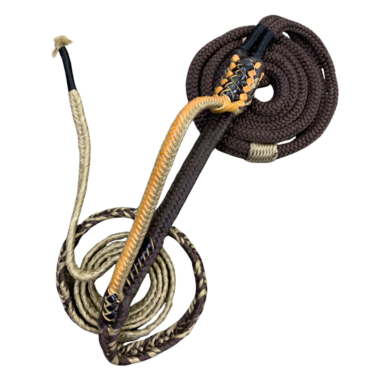 Professional-grade bull rope engineered for serious ropers. This 9-plait American-style rope features a 7/8" handle and tail for balanced control and durability. The 20" handle base with full lacing and 2 3/4" riser provides the grip and response serious competitor's demand. Built to perform in the arena, rodeo after rodeo.