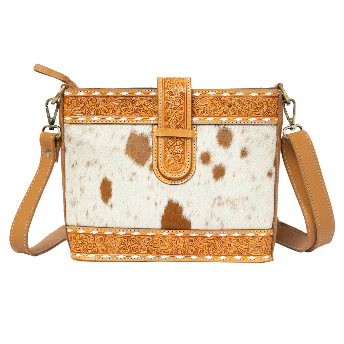 Cowhide leather handbag with brown and white pattern and decorative brown leather accents on a white background