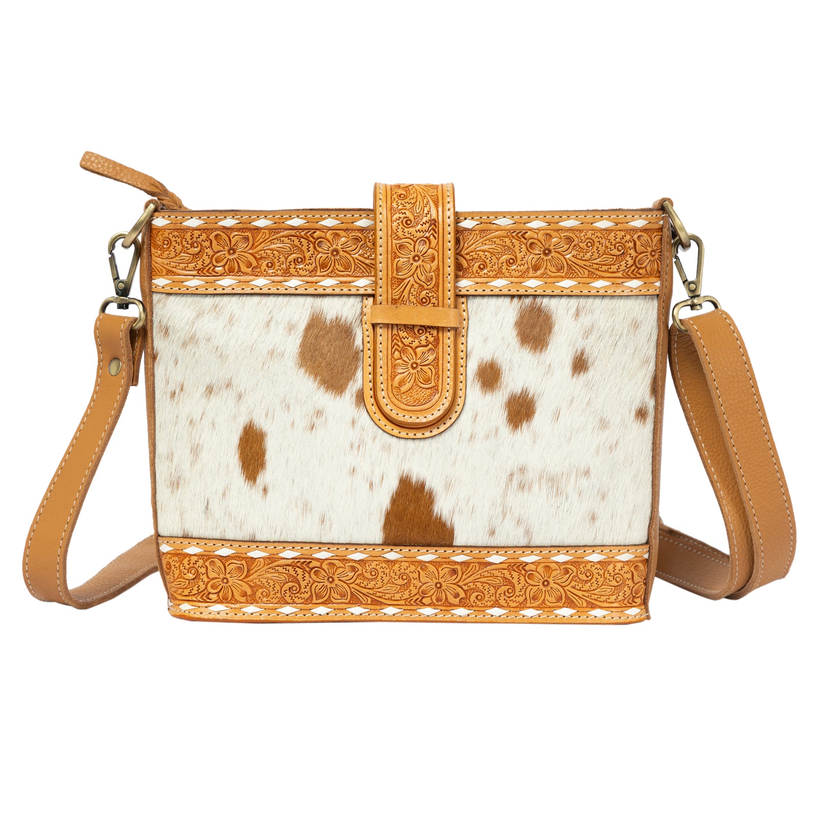 Cowhide leather handbag with brown and white pattern and decorative brown leather accents on a white background