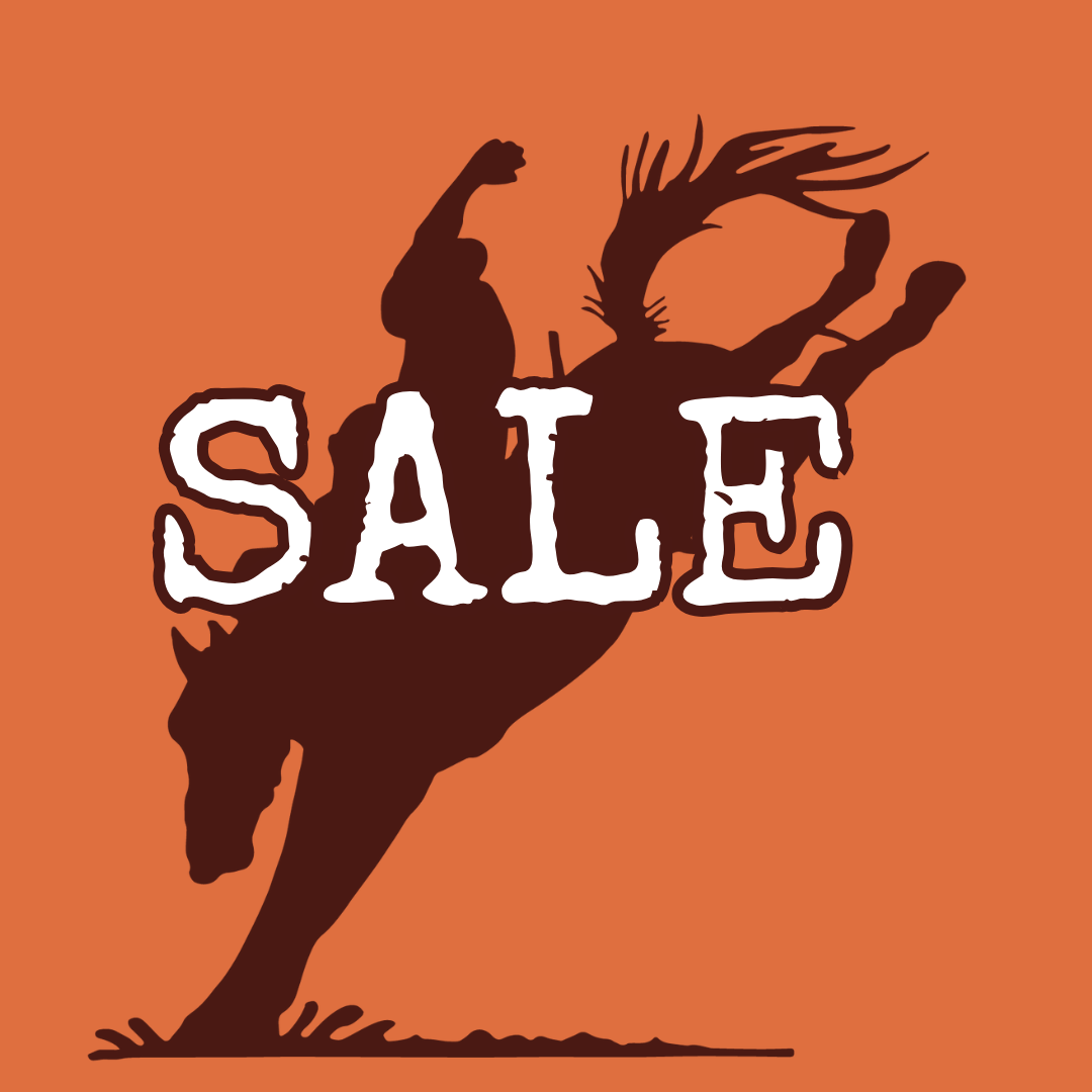 Men's SAle rockhampton Mavericks Western Wear. Silhouette of a person on a horse with 'SALE' text on an orange background