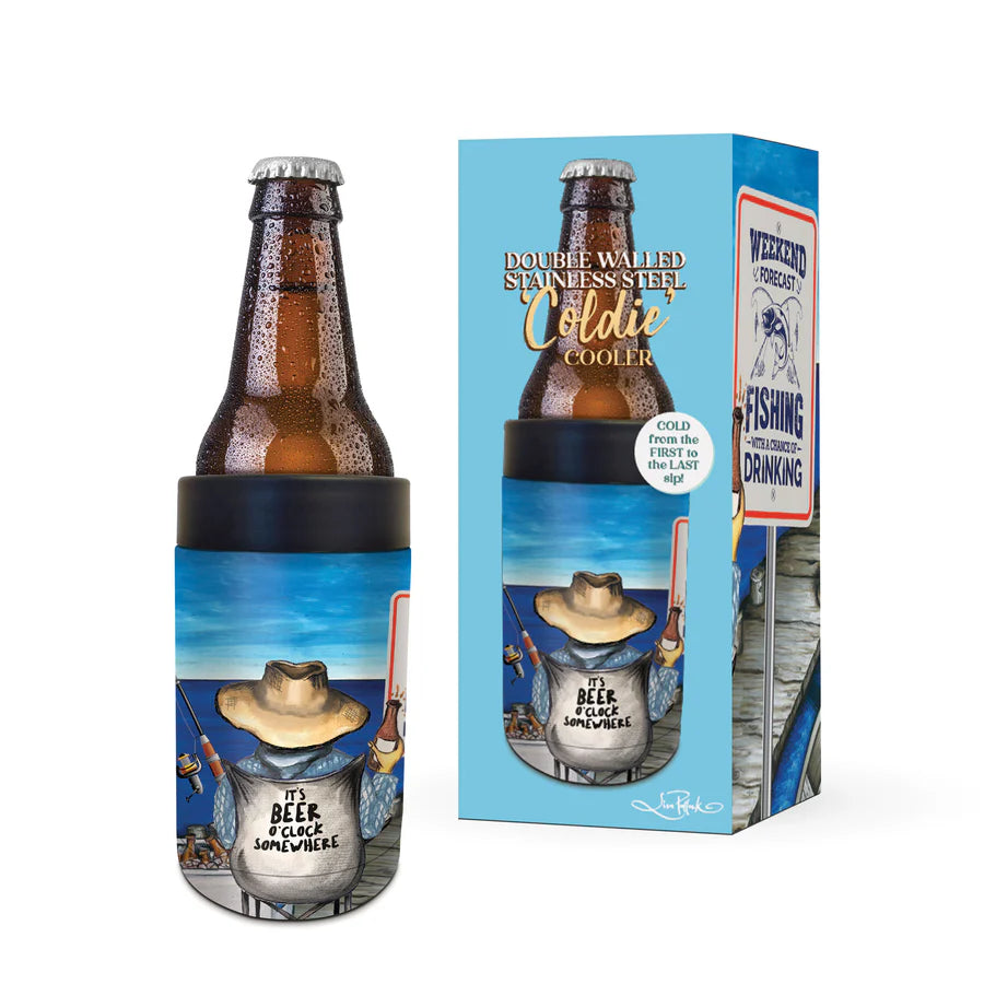 Lisa Pollock W'end Forecast Stainless Cooler. Can cooler with a design of a person in a hat and sunglasses, holding a beer, with text 'It's Beer O'clock Somewhere' on a white background.