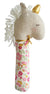 Alimrose Yvette Unicorn Squeaker Rose Garden. Unicorn-shaped toy with floral handle on a white background
