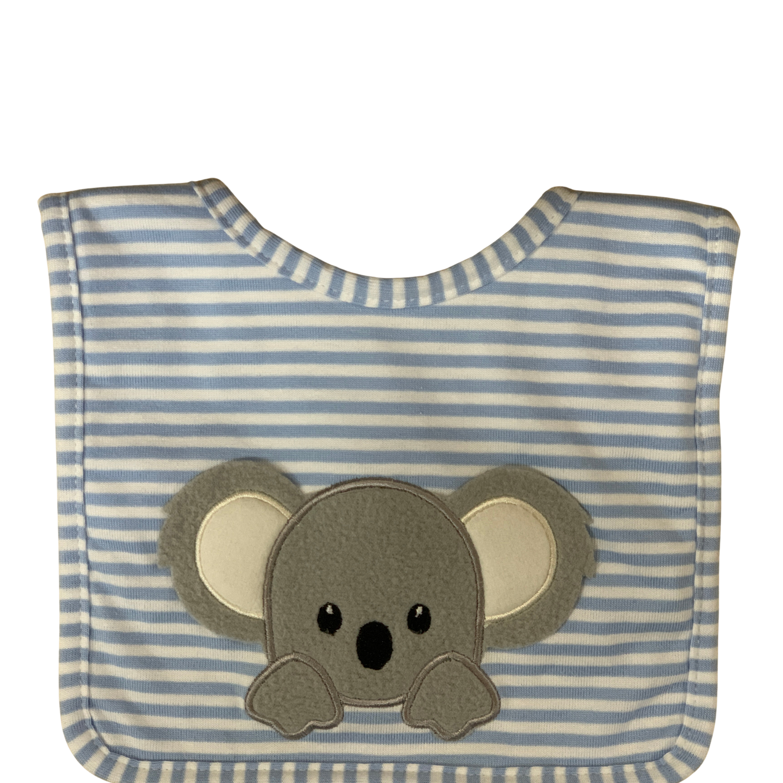 Striped baby bib with a koala design on a white background
