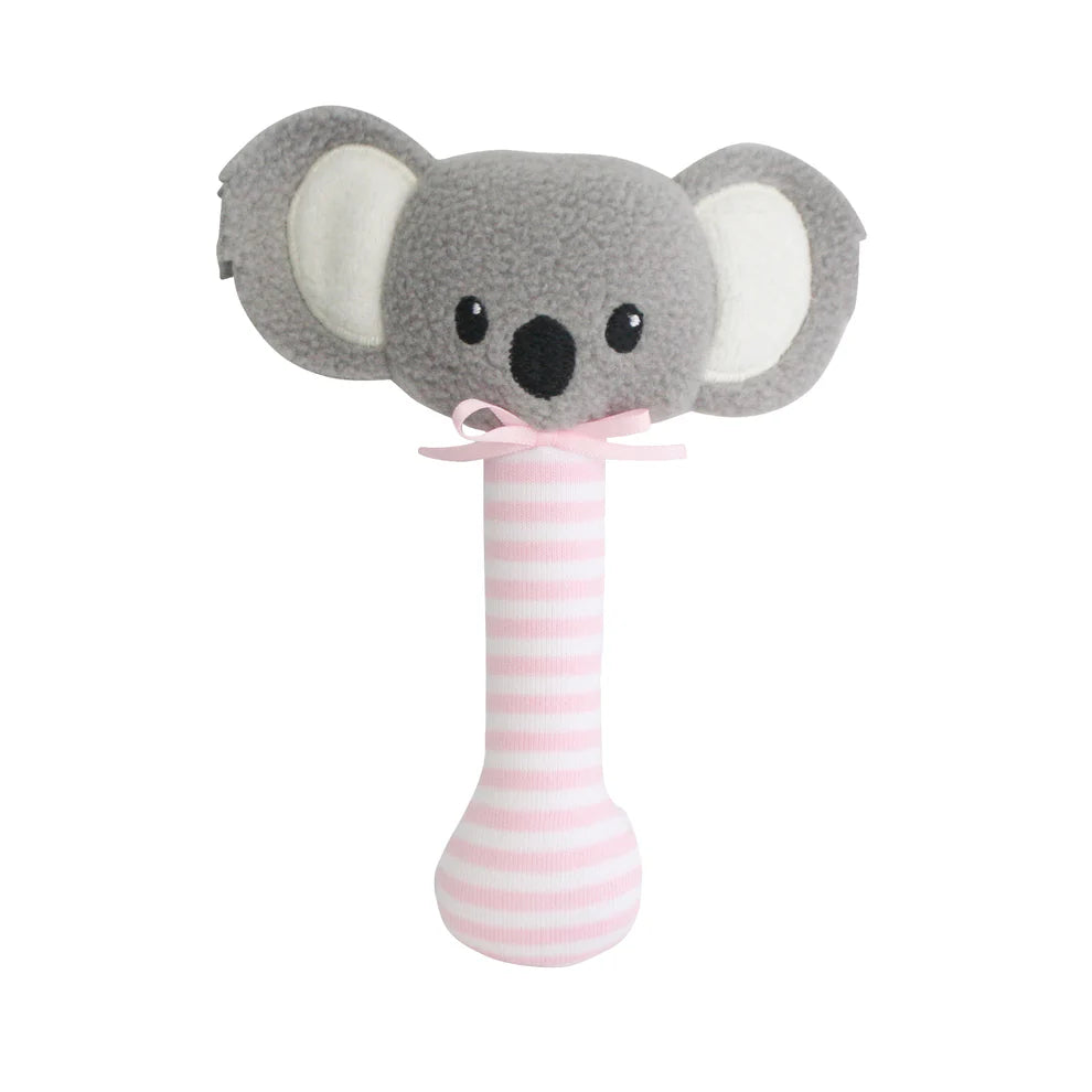 Plush toy rattle shaped like a koala with a pink striped handle on a white background