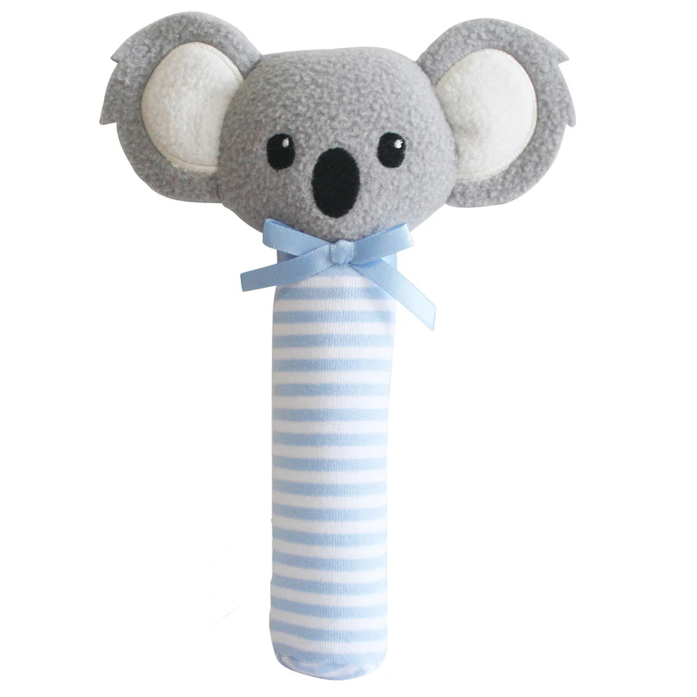 Plush koala toy with a striped handle on a white background