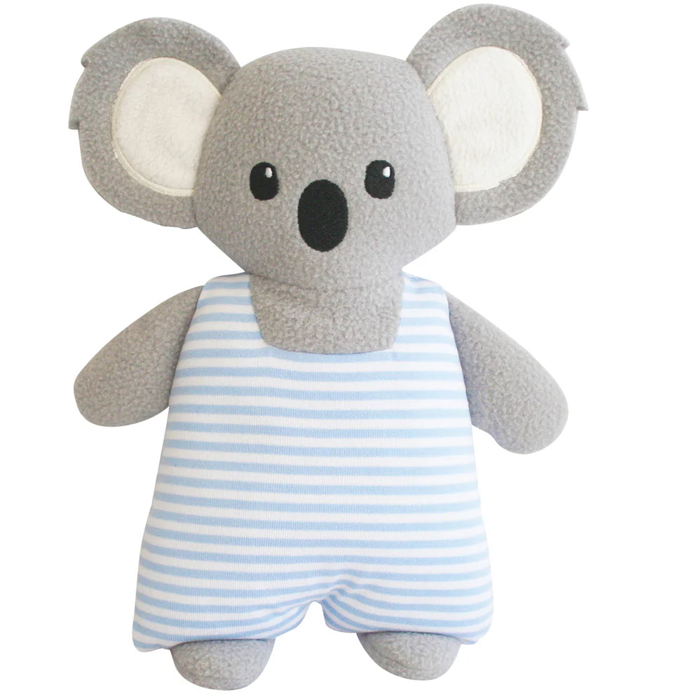 Plush toy koala in a blue and white striped outfit on a white background