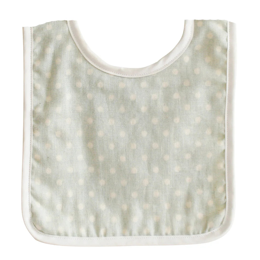 Alimrose Baby Bib Duck Egg Blue. Baby bib with light green background and white polka dots on a white background