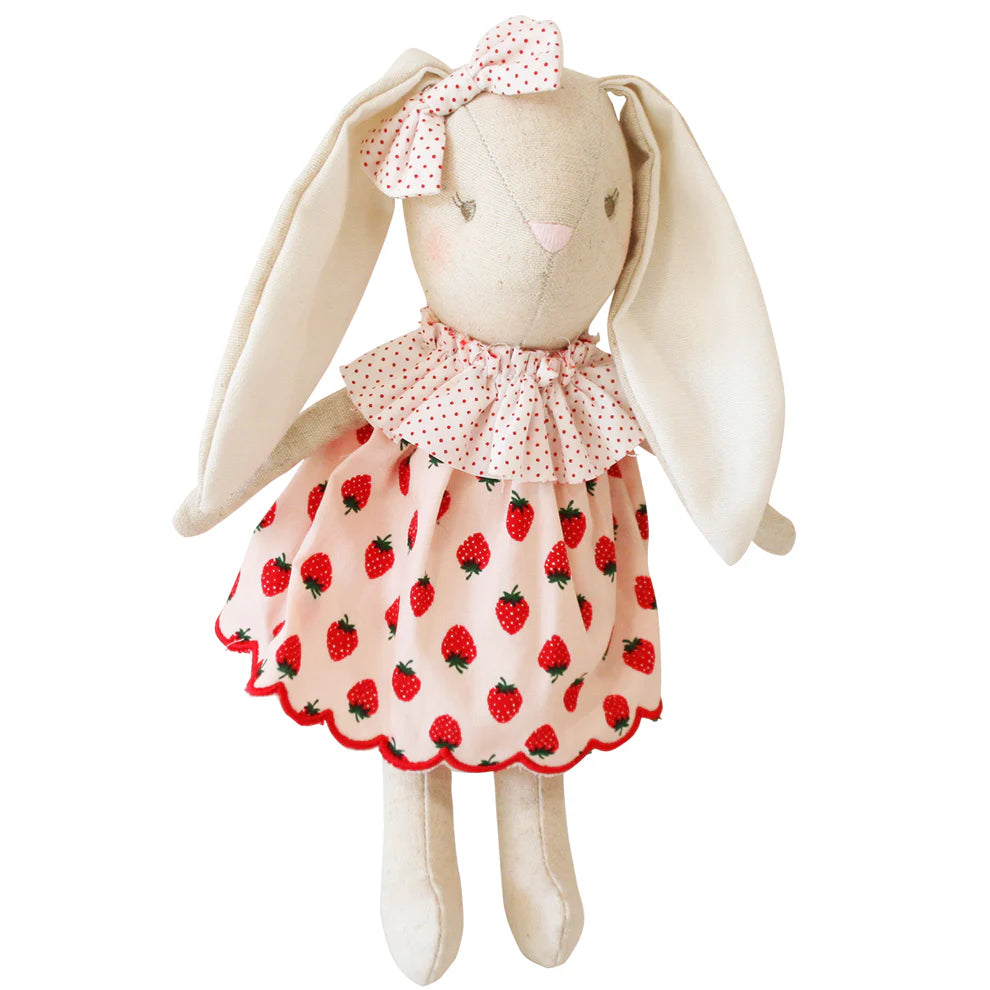 Stuffed bunny toy with a strawberry dress on a white background