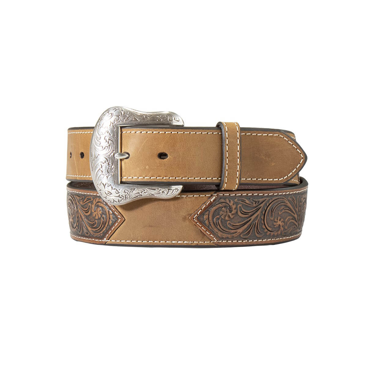 Nocona Men's Embossed Western Belt. A brown Nocona men's belt with a floral embossed design and an antique silver buckle.
