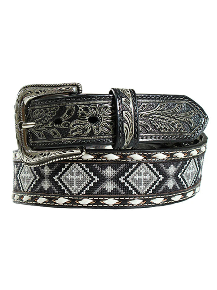 Nocona Men's Beaded Cross Western Belt. A Nocona men's belt with a beaded cross pattern, white buck stitching, and an embossed floral pattern on the buckle and billet tabs.