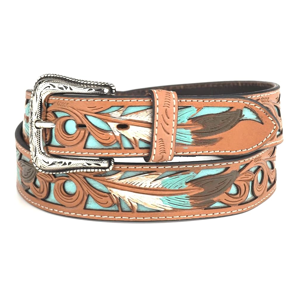 Nocona Men's 1 1/2" Tooled Feather Filigree Western Belt. Decorative leather belt with intricate designs and a silver buckle on a white background