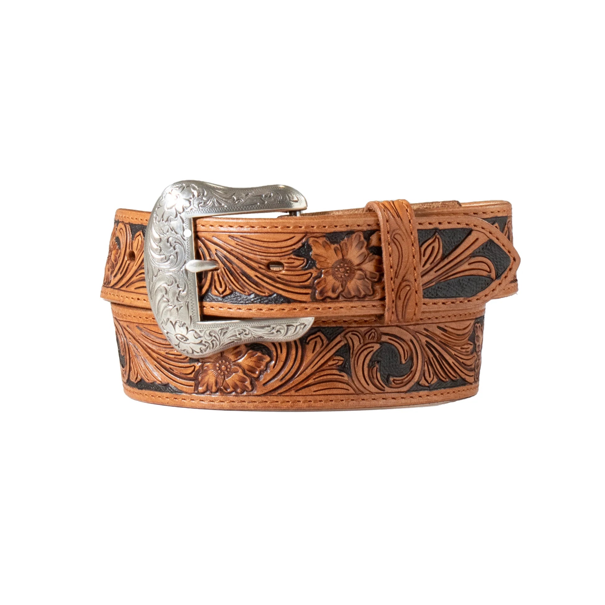 Nocona Men's 1 1/2" Hand Tooled Western Belt. Brown leather belt with intricate designs and a silver buckle on a white background
