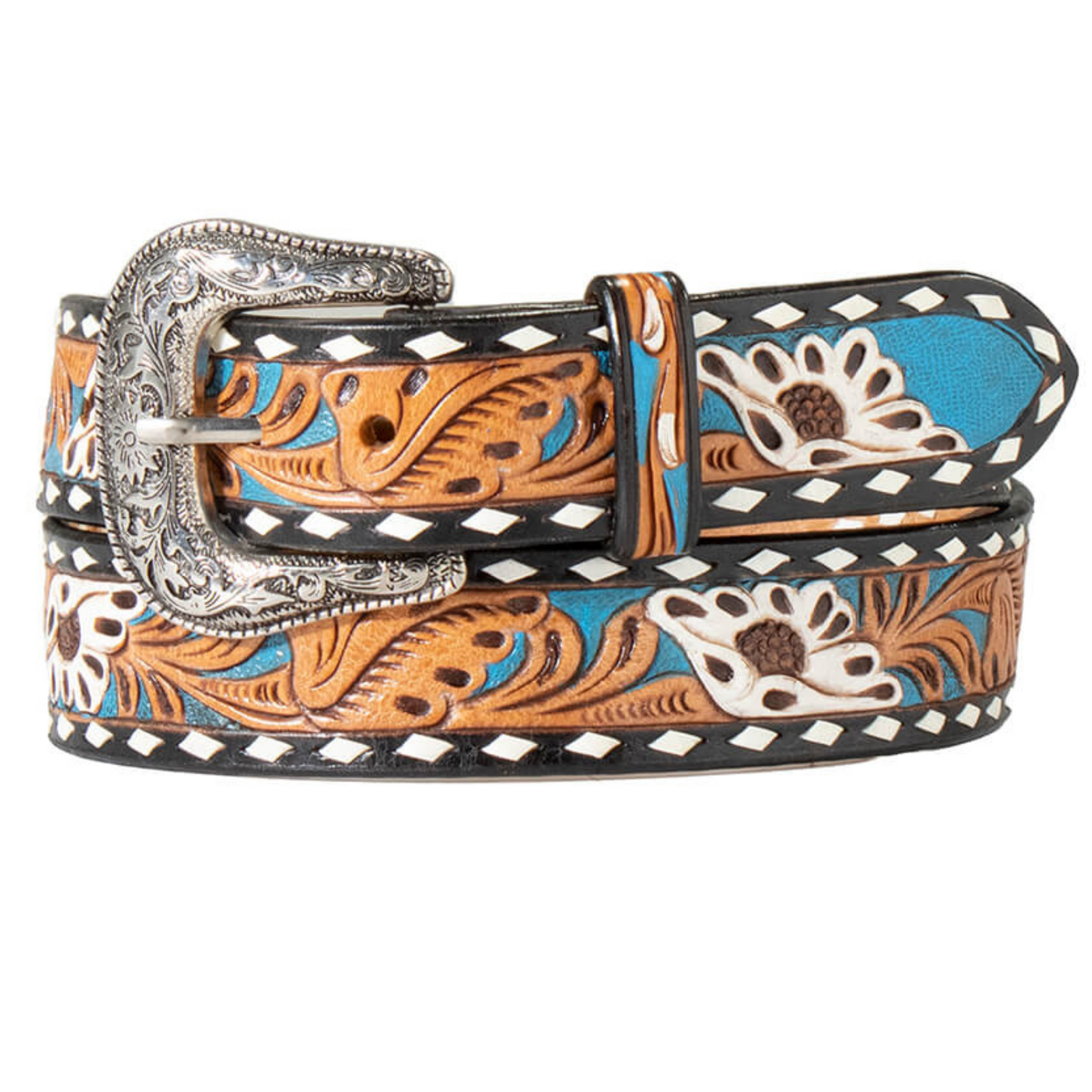 Nocona Women's Hand Tooled Western Belt. Decorative belt with floral patterns and a silver buckle on a white background