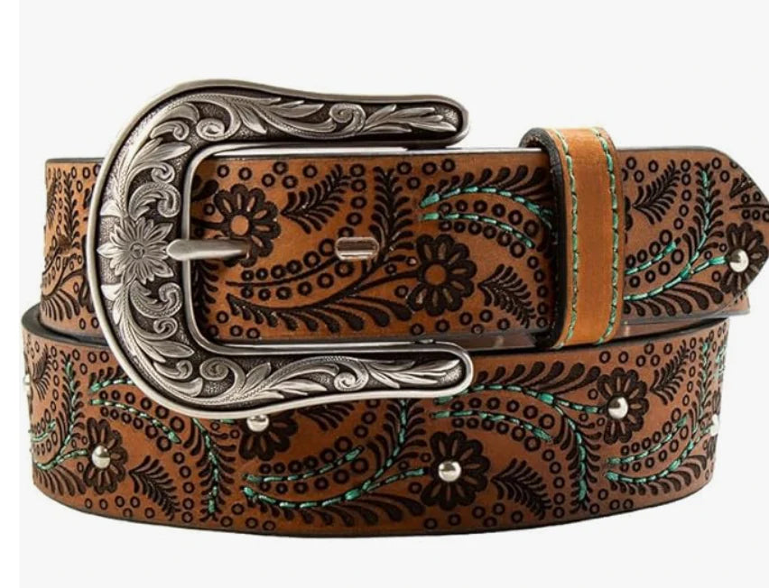 Nocona Ladies Paisley Western BeltBrown leather belt with floral embossing and silver buckle on a white background 