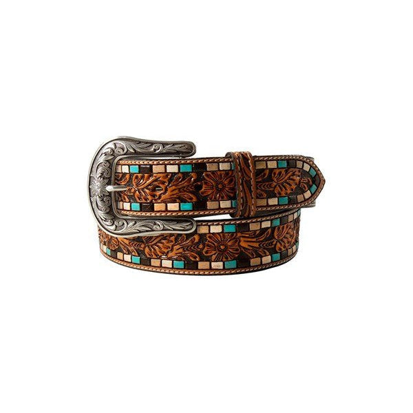 Nocona Women's Tooled Western  Belt. Brown leather belt with decorative buckle on a white background