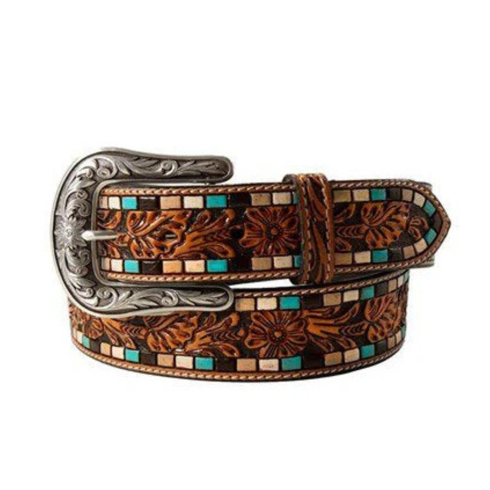 Nocona Women's Tooled Western  Belt. Brown leather belt with decorative buckle on a white background