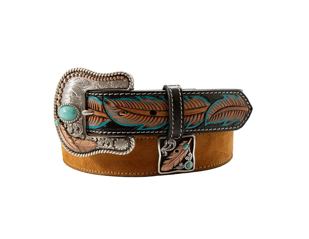 Nocona Women's Feather & Concho Western Belt. Brown leather belt with decorative buckle featuring feathers and turquoise stones on a white background