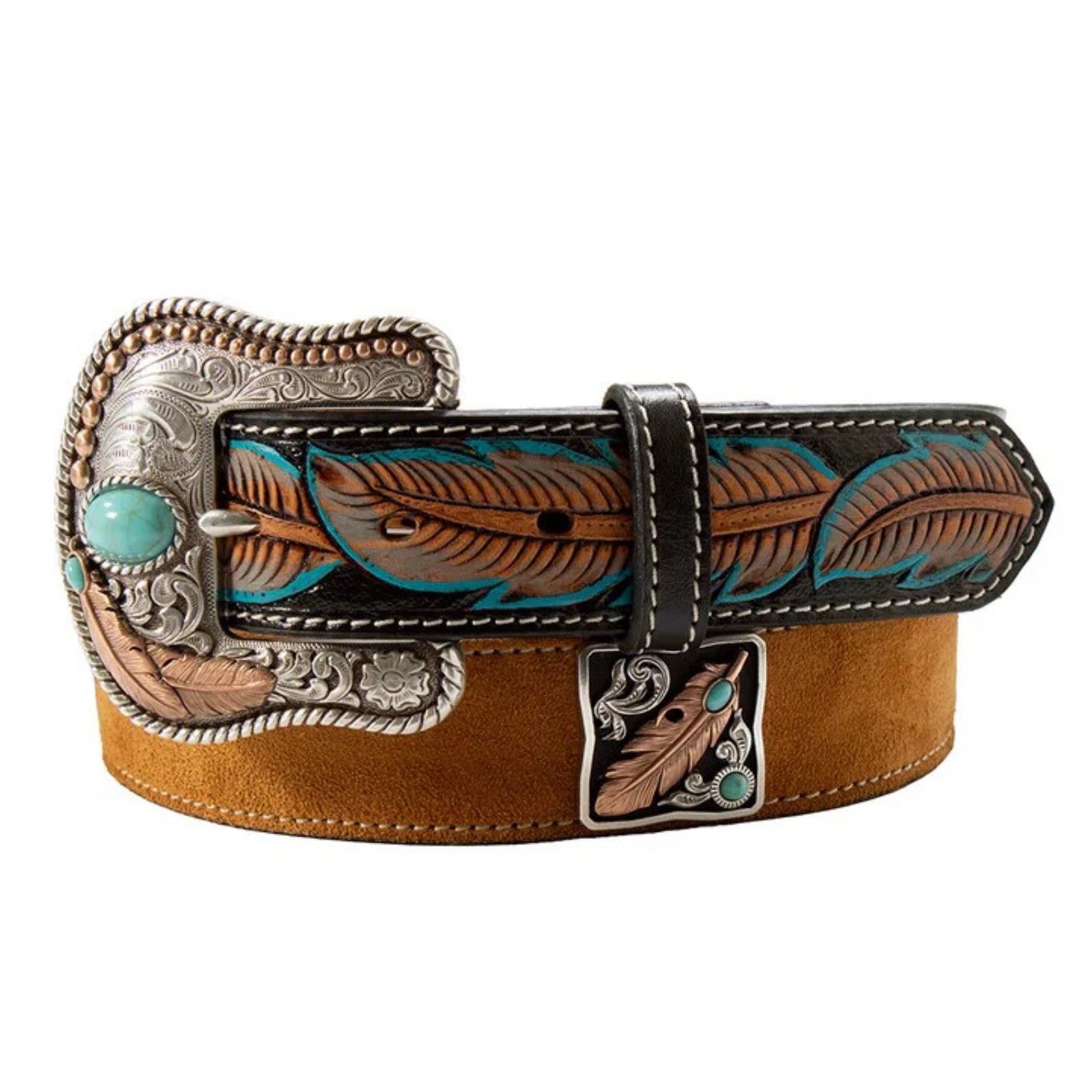 Nocona Women's Feather & Concho Western Belt. Brown leather belt with silver buckle and feather design on a white background