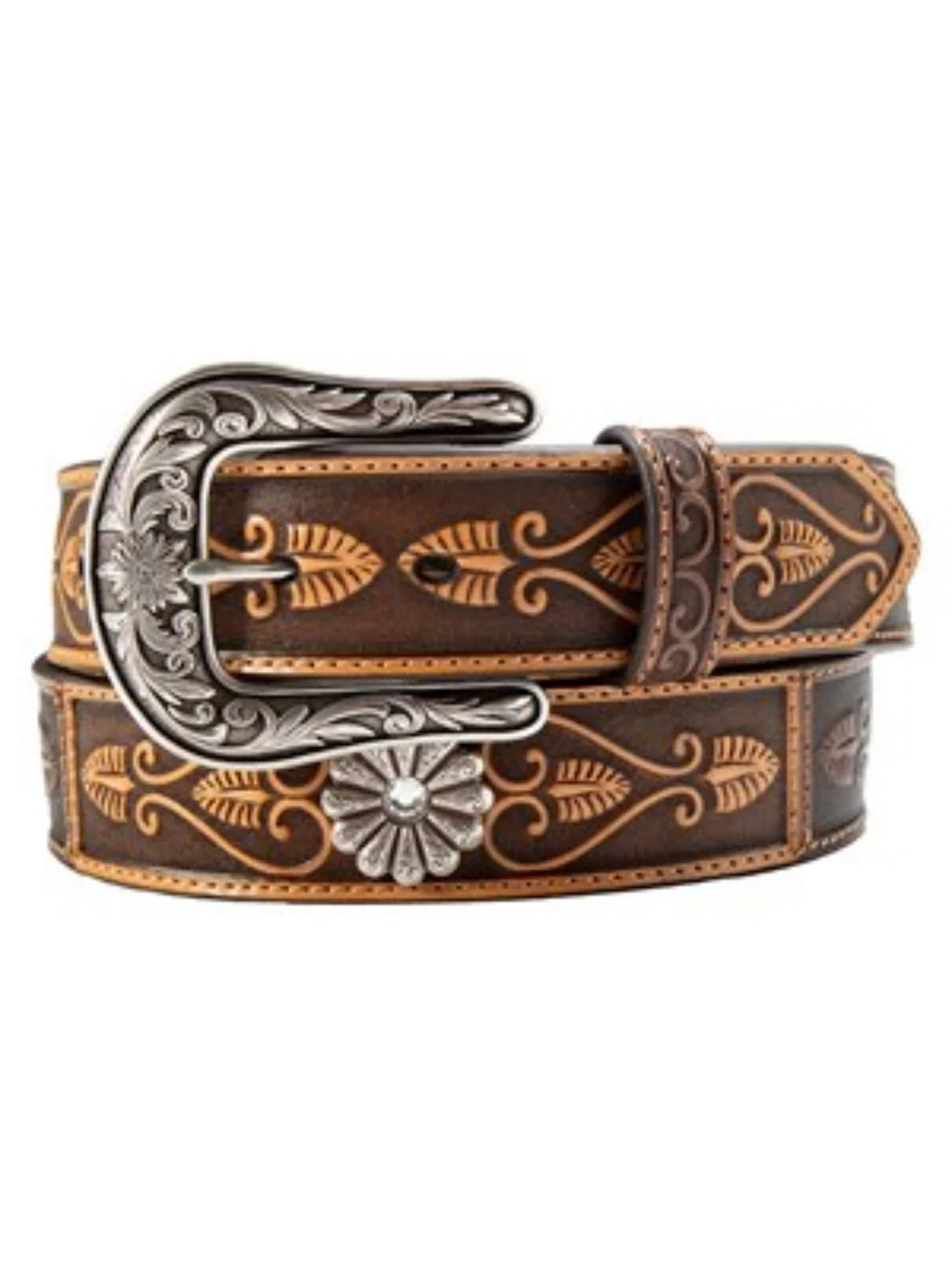 Nocona Ladies Daisy Concho Western Belt. Decorative leather belt with silver buckle on a white background