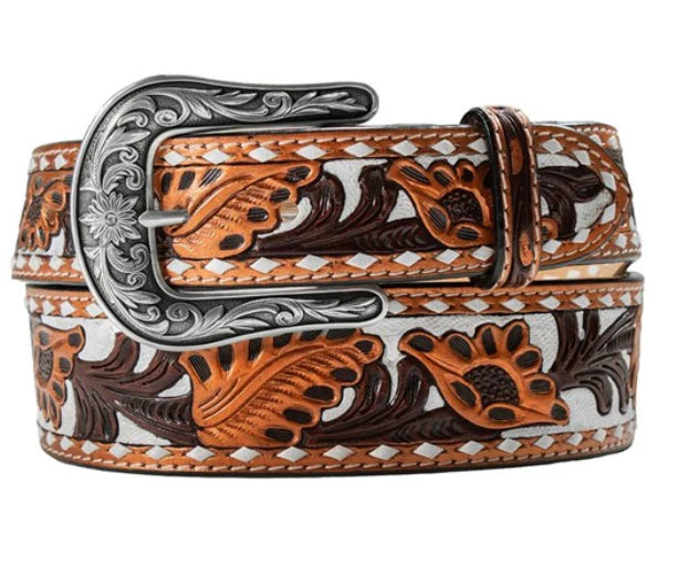 Nocona Ladies Handpainted Flowers Western Belt. Decorative belt with floral patterns and a silver buckle on a white background